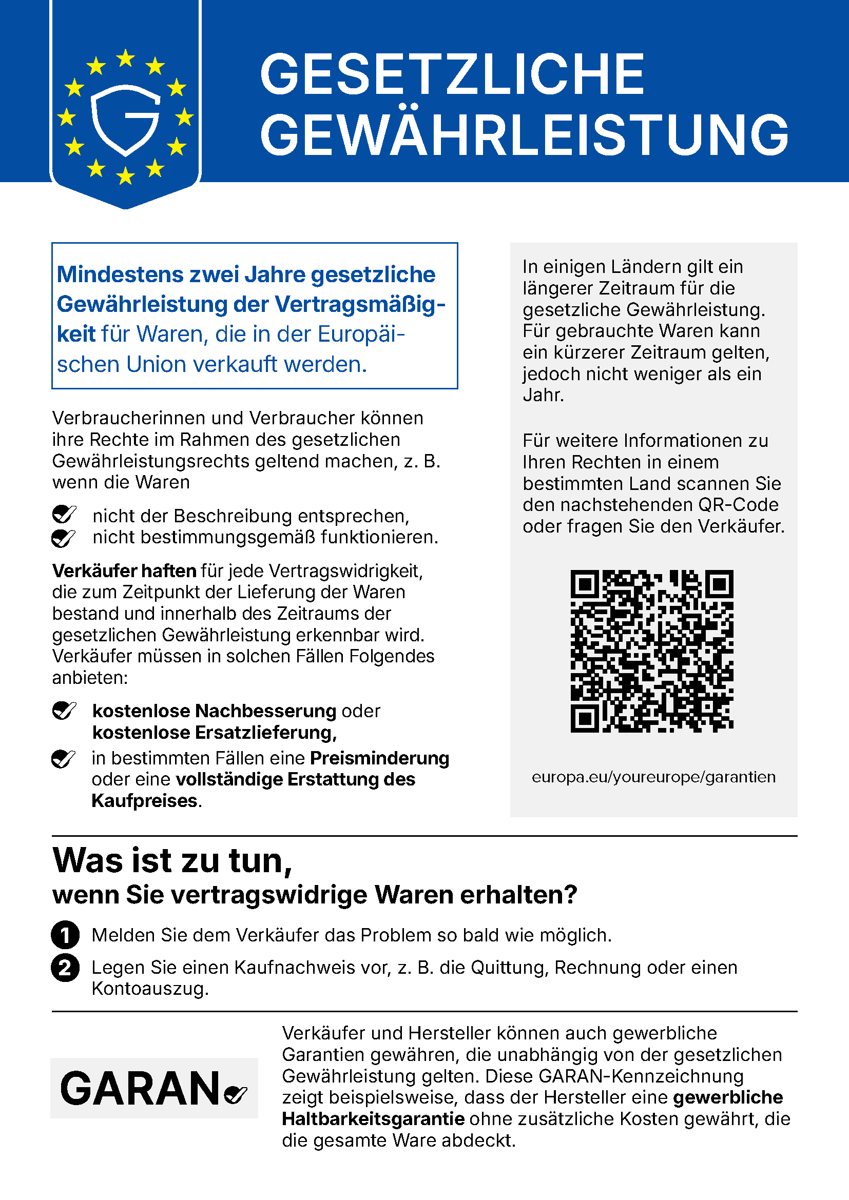 Amtliche deutsche Mitteilung zur gesetzlichen Gewährleistung. Eine textliche Erläuterung steht direkt darunter.